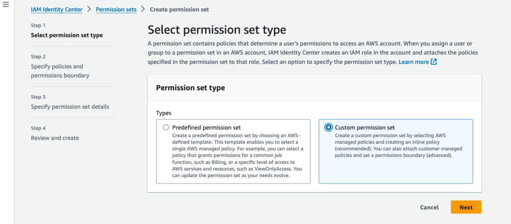Select permission set type