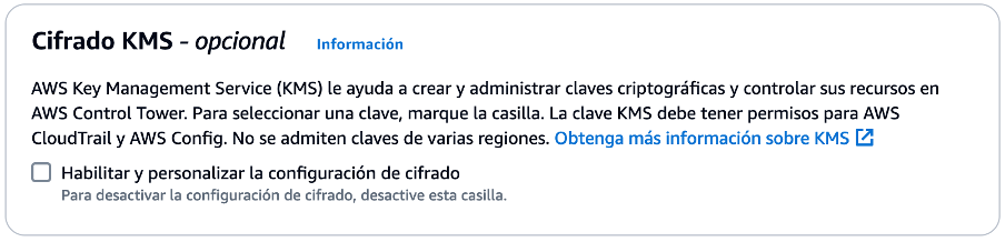 Información sobre la opción de configurar el cifrado KMS en AWS Control Tower o utilizar la configuración por defecto.
