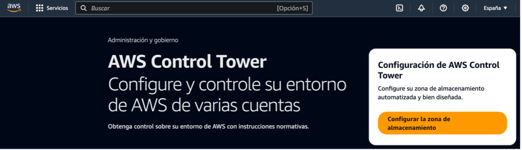 Pantalla de inicio de AWS Control Tower, junto con un botón para configurar la zona de almacenamiento (o landing zone).