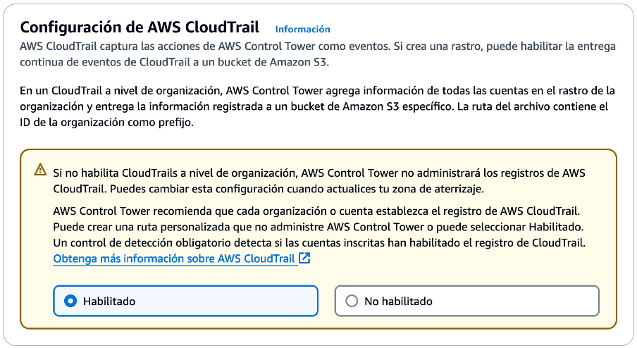 Información sobre la opción de habilitar o deshabilitar AWS CloudTrail a nivel de organización en AWS Control Tower.