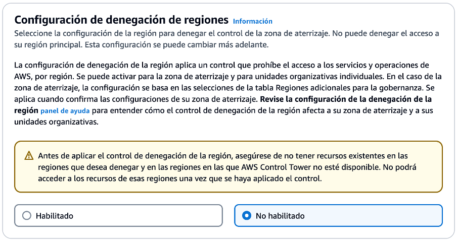 Información sobre la denegación de regiones en AWS Control Tower y las implicaciones de no permitir el acceso a ciertas regiones.