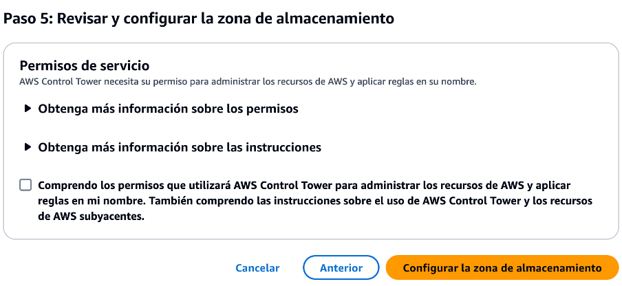 Revisar los permisos de servicio en AWS Control Tower.