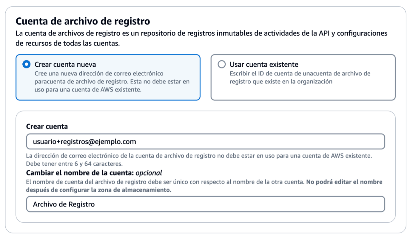 Información sobre la cuenta de archivo de registro en AWS Control Tower, donde se puede crear una nueva cuenta o usar una existente. El nombre por defecto es 'Archivo de Registro'. Para crear una nueva cuenta, requiere ingresar un correo electrónico, que no debe estar asociado a una cuenta actual.