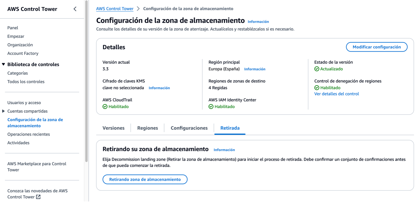 Información sobre cómo desmantelar (o retirar) una zona de almacenamiento (Landing Zone) en AWS Control Tower.