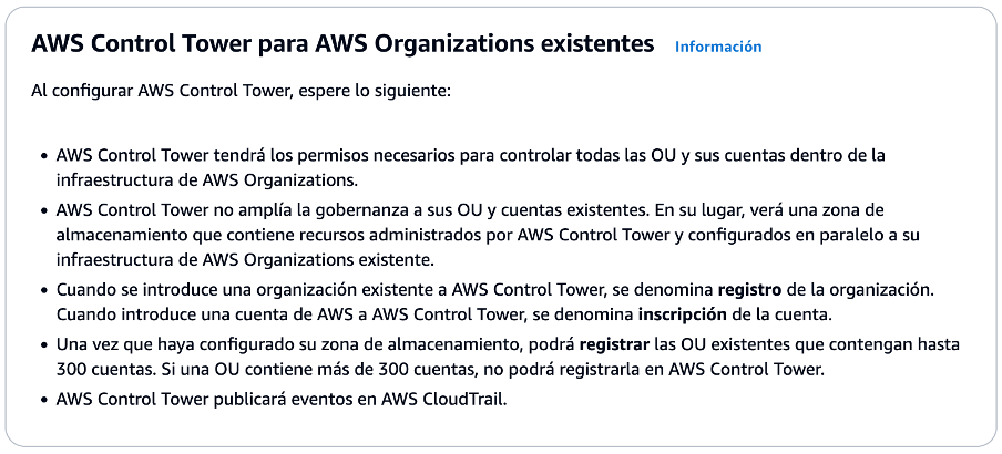 Información sobre los permisos que AWS Control Tower tendrá en AWS Organizations para gestionar cuentas existentes.