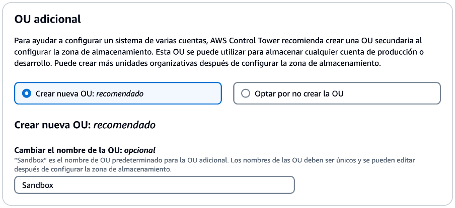 Información sobre la unidad organizativa adicional opcional en AWS Control Tower, se puede optar por no crear, y su nombre nombre por defecto es 'Sandbox'.