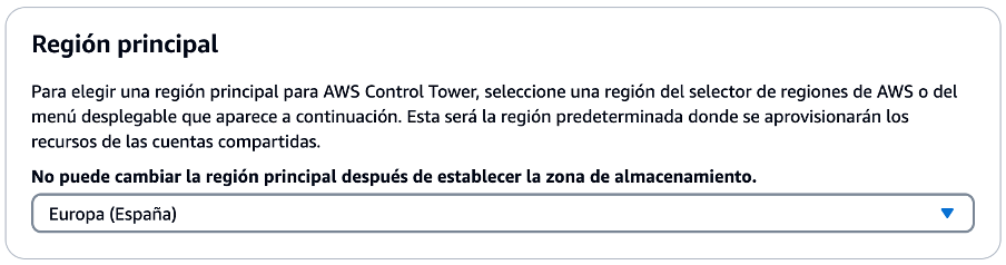 Información sobre la elección de una región principal en AWS Control Tower y detalles importantes a considerar al seleccionarla.
