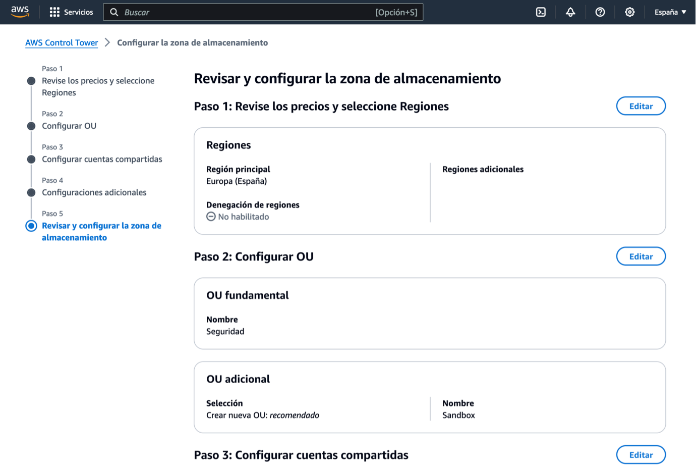 Revisar la configuración de la zona de almacenamiento (Landing Zone) en AWS Control Tower.