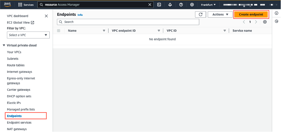 Figura 2 – En la sección Endpoints (Puntos de conexión) de la consola del servicio Amazon VPC, seleccione Create endpoint (Crear punto de enlace).