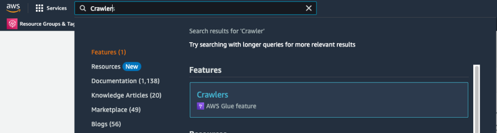 AWS Crawler Search Screen