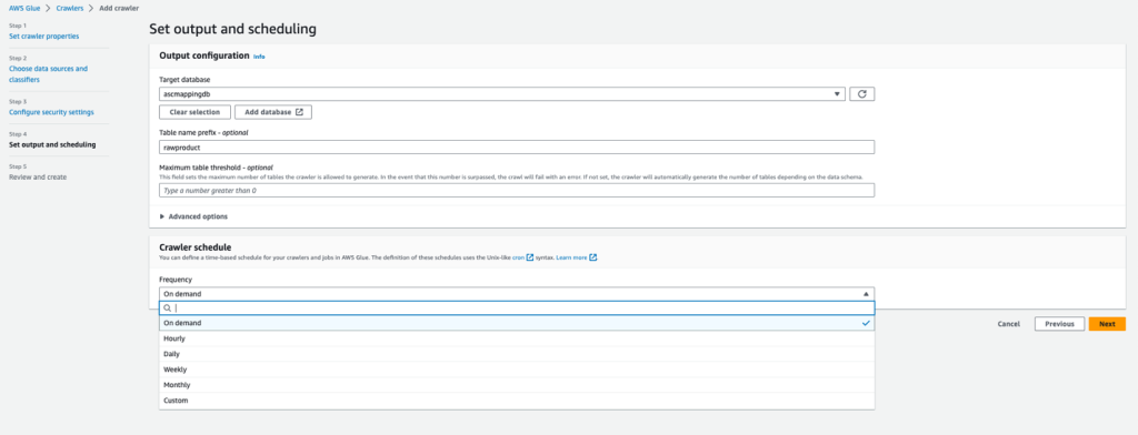 set output and scheduling screen