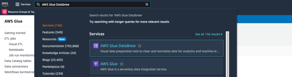 AWS Glue Databrew Search
