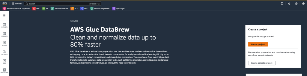 AWS Glue DataBrew Porject Creation screen