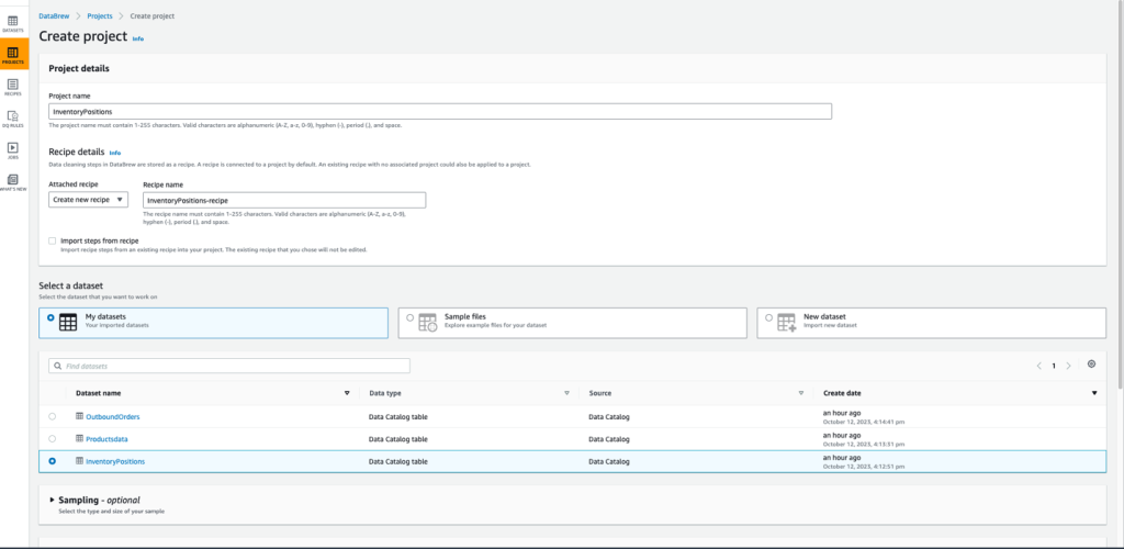 New project creation screen