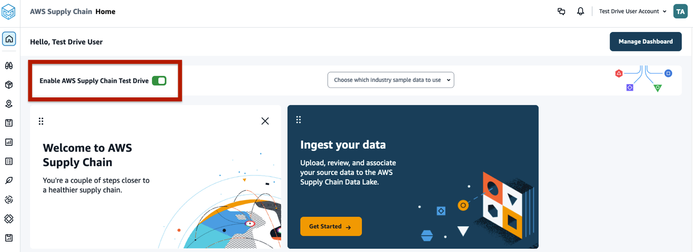 Screenshot of AWS Supply Chain welcome screen with Enable AWS Suppl;y Chain Test Drive button highlighted