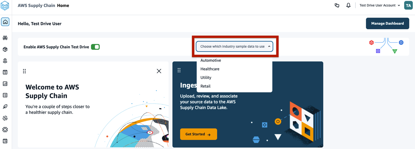 Screenshot showing drop down menu of pre-populated industry data sets: Automotive, Healthcare, Utility, Retail.