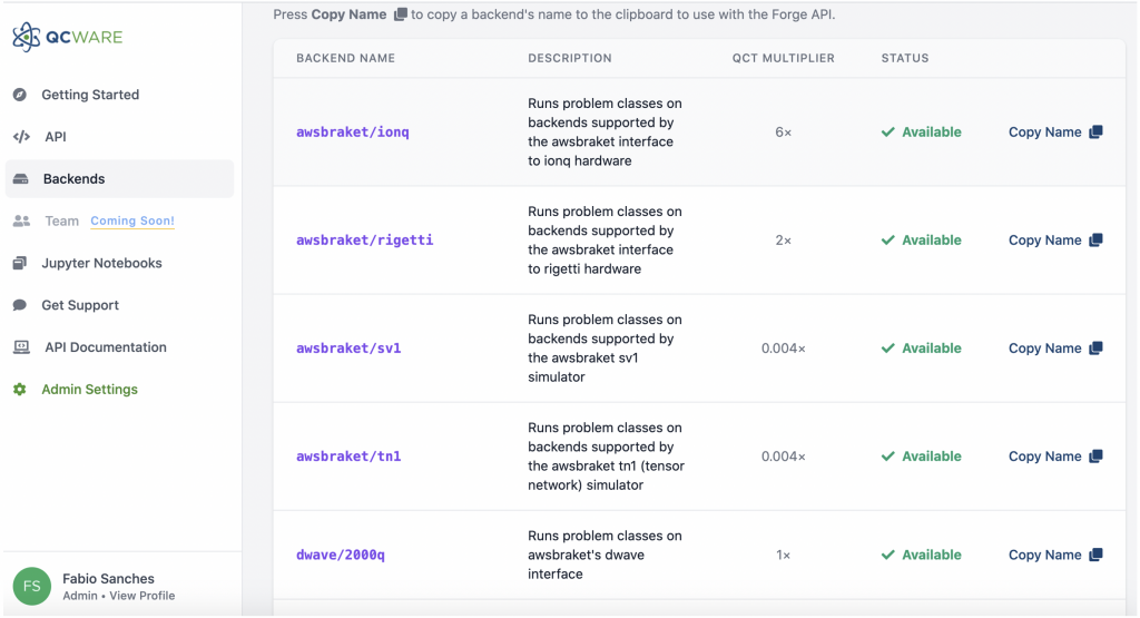 A display of Backends available in QC Ware Forge, including Amazon Braket SV1 and TN1 managed simulators, as well as IonQ, Rigettti, and D-Wave quantum computers.