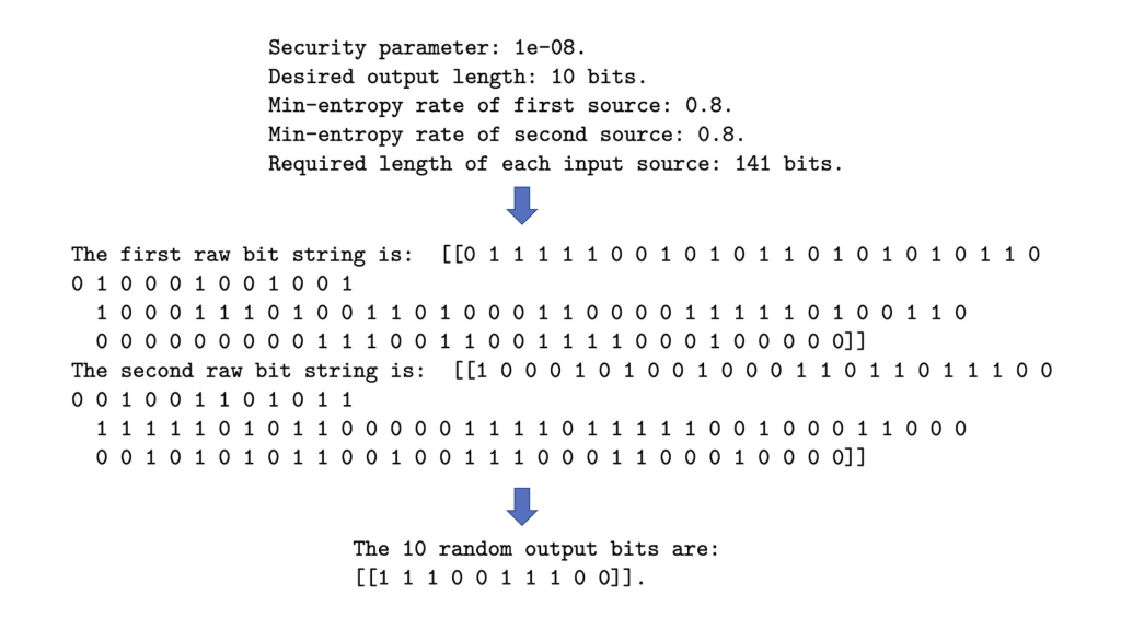 Two raw bit strings that produce 10 random output bits