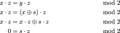Series of equation manipulations showing the condition that s dot z = 0 mod 2
