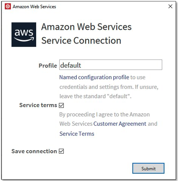 Figure 2: AWS credentials profile and terms and conditions