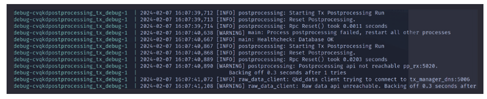 Figure 3 – In this figure, we can find the post-processing logs displayed in a real-time panel. We can observe a warning indicating that the classical channel has no connectivity. As a result, the system is put on hold and a retry is attempted. If the connectivity error is resolved, the service is automatically resumed. Otherwise, with the assistance of centralized logs, we can detect and track the time of failure.