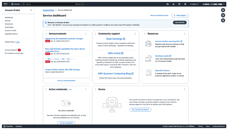 Figure 1: Amazon Braket Service dashboard