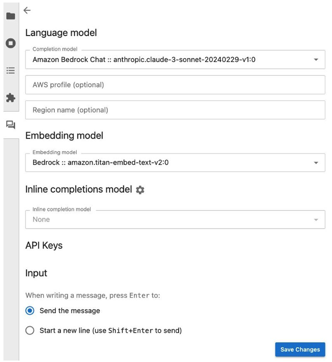 Figure 3. Jupyter-AI plugin showing the Claude 3 Sonnet Language Model with Amazon Titan as the embedding model.