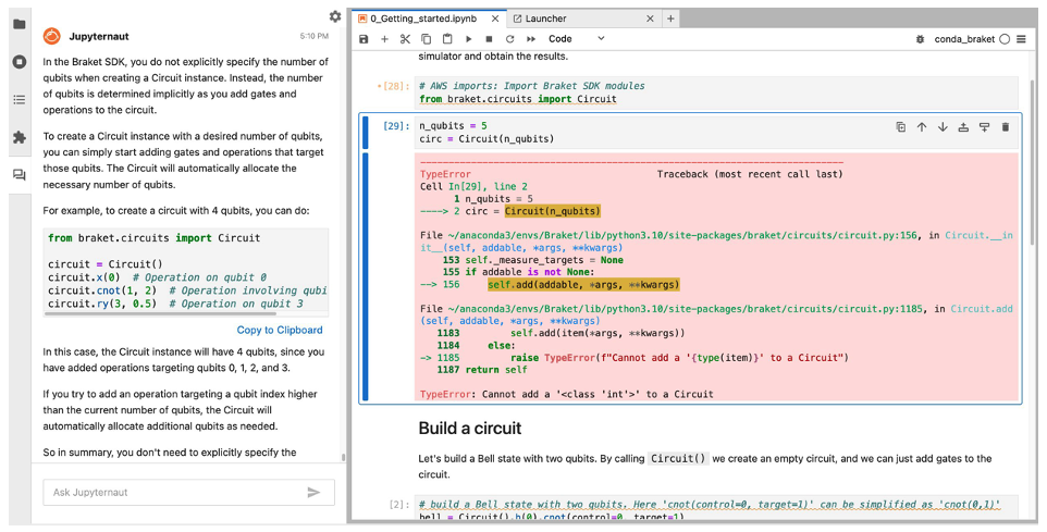 Figure 8. Debugging sample code with the Braket code assistant.