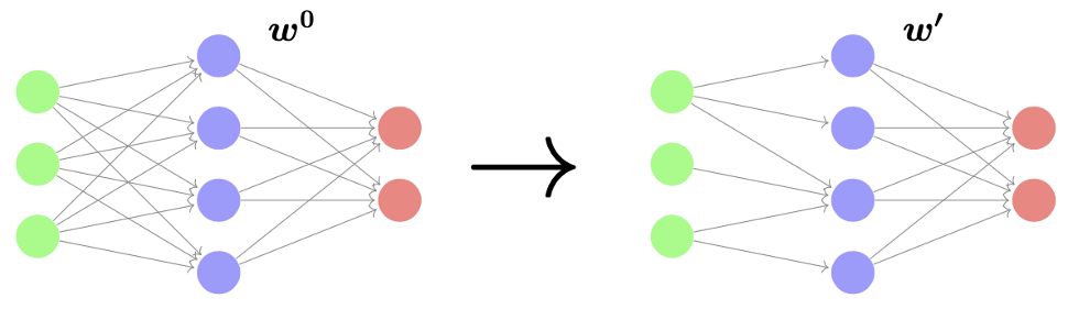 Figure 1: An illustration of pruning weights from a small neural network. The original weights – before pruning, are denoted by w0, while the weights after pruning are denoted by w’.
