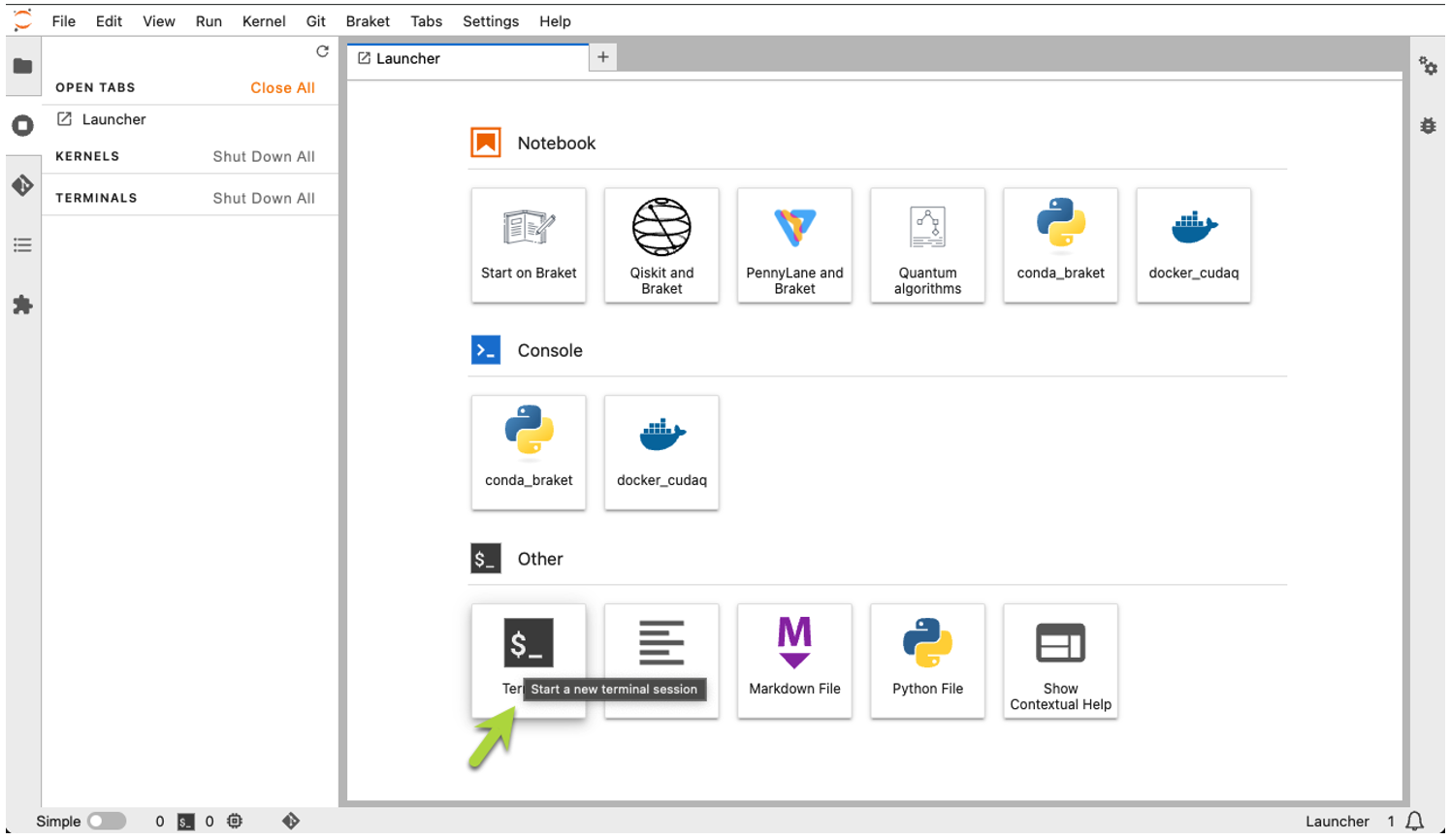 Figure 1 – The launcher tab (landing page) of a new Amazon Braket notebook instance. The green arrow points to the Terminal button. Clicking on it will open a new terminal session where you can pull the CUDA-Q Docker image.