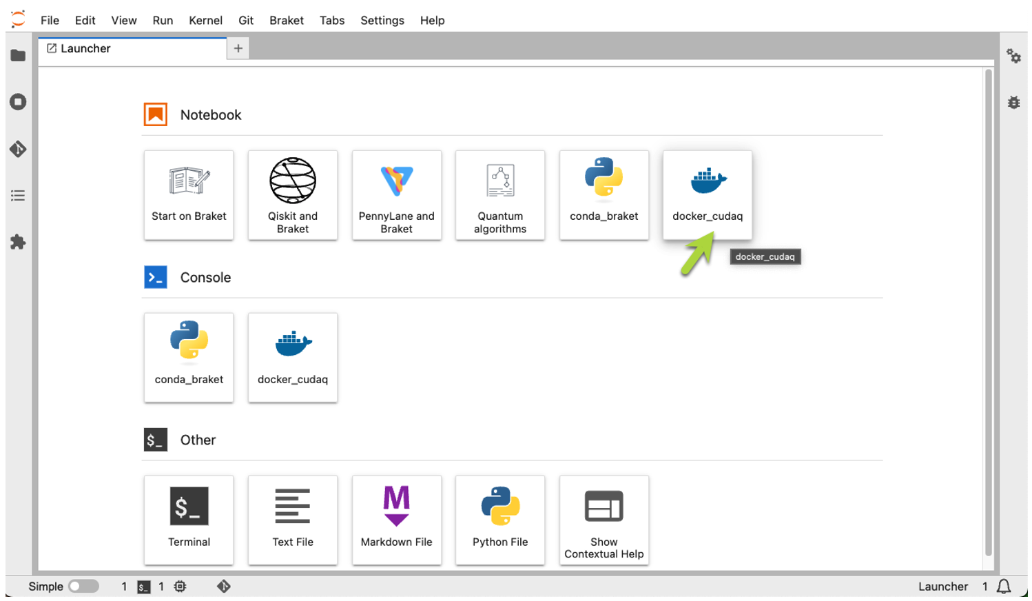 Figure 2 – The launcher tab (landing page) of an Amazon Braket notebook instance with a docker_cudaq kernel. The green arrow points to the docker_cudaq notebook button. Clicking on it will open a notebook that allows you to execute CUDA-Q programs.
