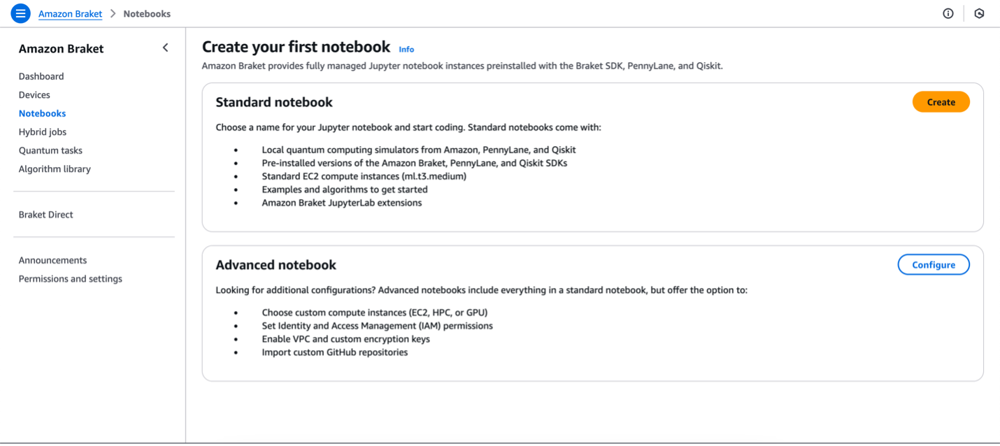 Figure 1: Screenshot showing the Amazon Braket console notebook setup page.