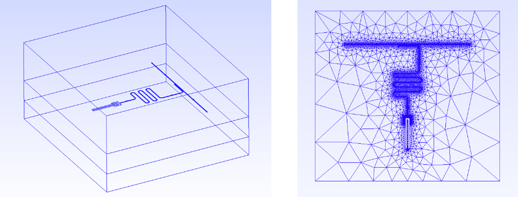 Figure 2: 3D model (left) and mesh of the metal surfaces (right) in the transmon-resonator model, viewed in the Gmsh GUI.