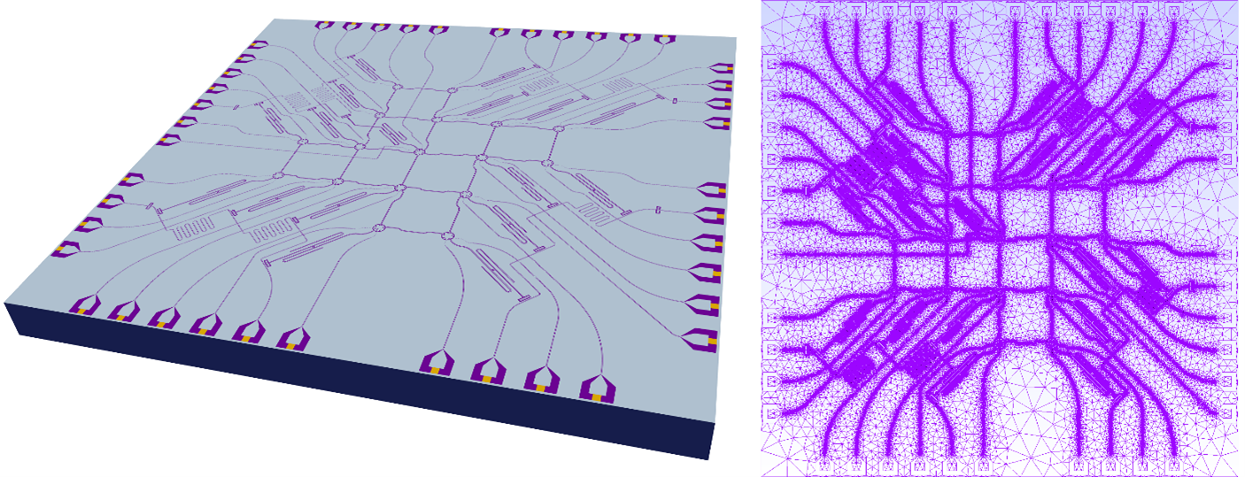 Figure 3. Left: 3D chip model based on the layout from Figure 1, including lumped ports (gold), visualized using ParaView. Right: Mesh of metal surfaces, viewed in the Gmsh GUI.