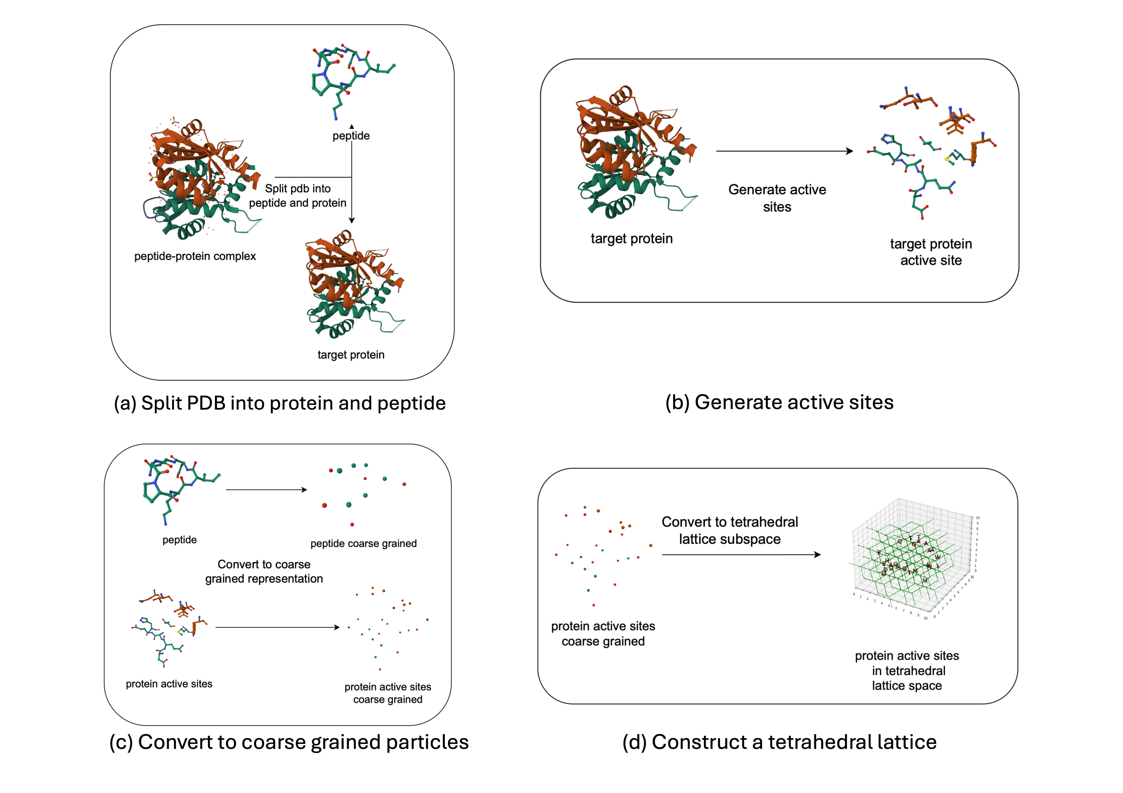 Figure 3 – Conversion from atomic level representation to 2-particle coarse grained tetrahedral representation. 