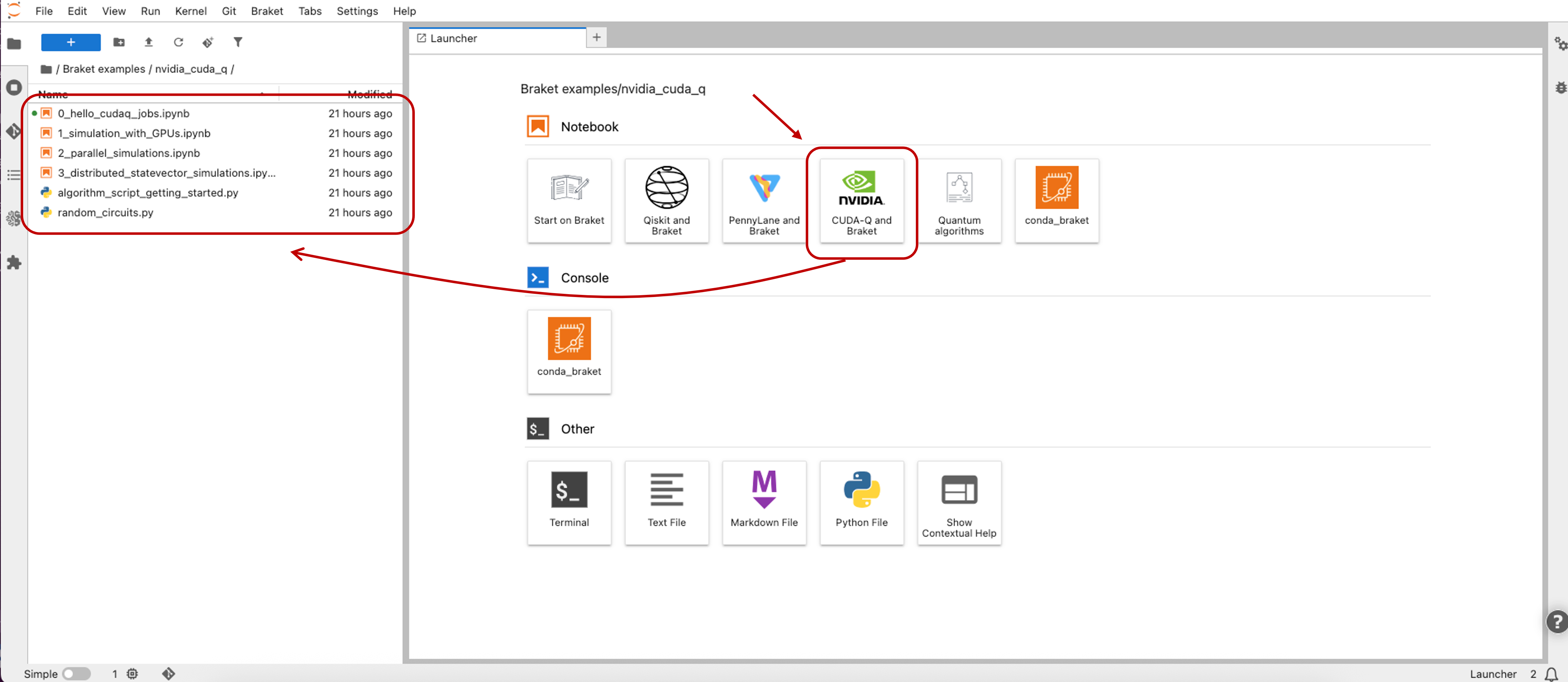 Figure 2: The Launcher page showing Braket, PennyLane, and Qiskit examples with additional CUDA-Q examples in the left-hand side panel.