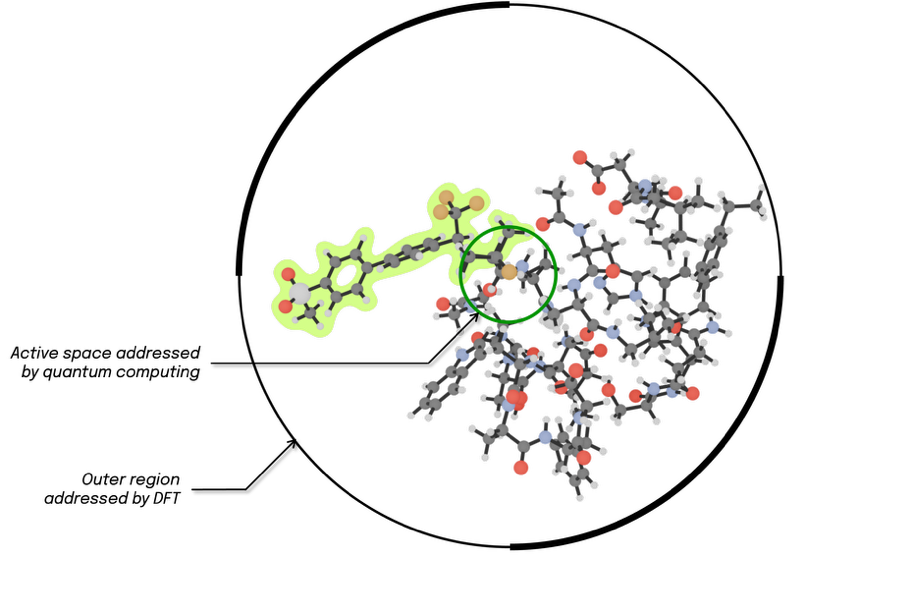 Figure 2 – Projective embedding allows a central region (encircled in green) of the molecular system to be addressed by quantum computing while lower-level methods are applied to surrounding layers. The illustration corresponds to the following drug discovery case presented with the structure highlighted in green being the odanacatib ligand binding covalently to the larger Cathepsin-K enzyme. 