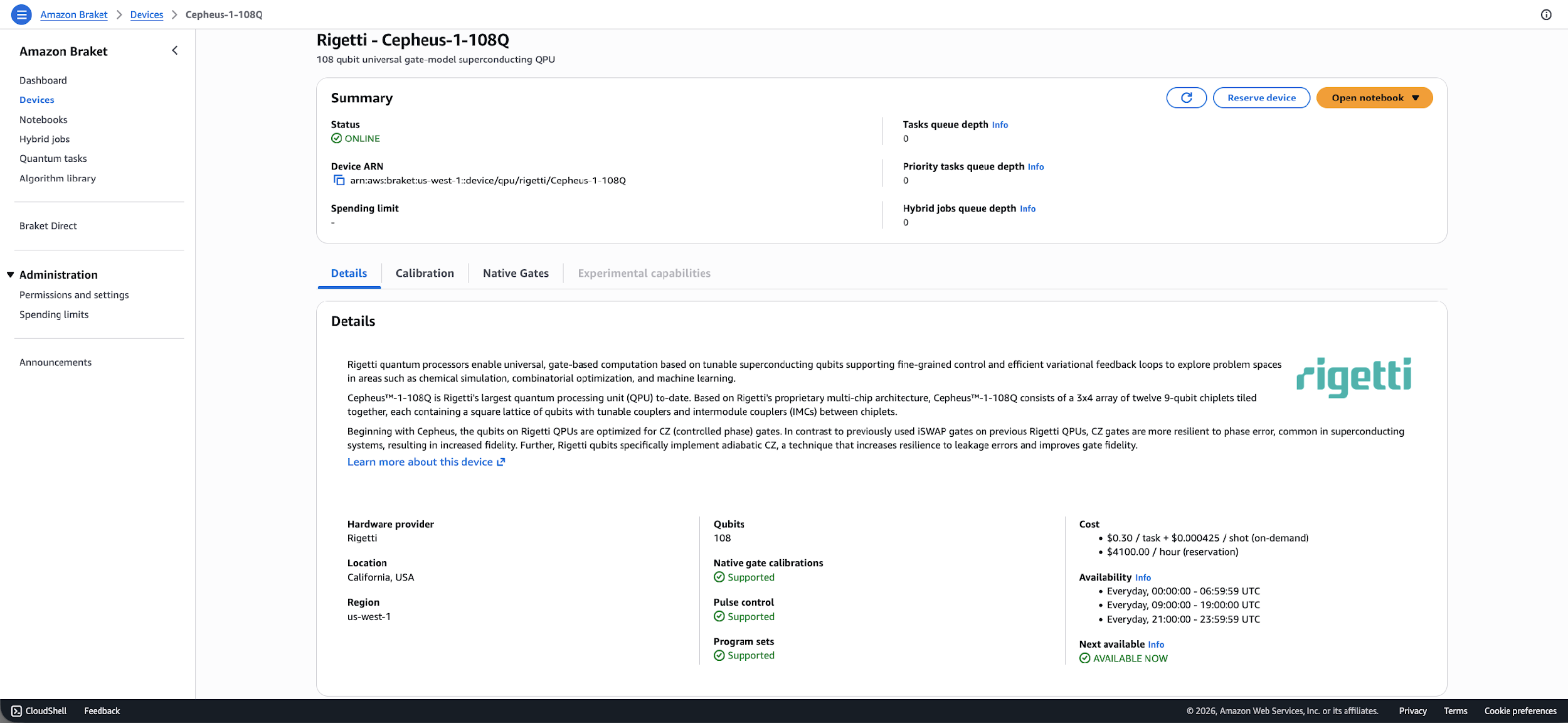 Figure 2: The Cepheus-1-108Q device page in the Amazon Braket Management Console.
