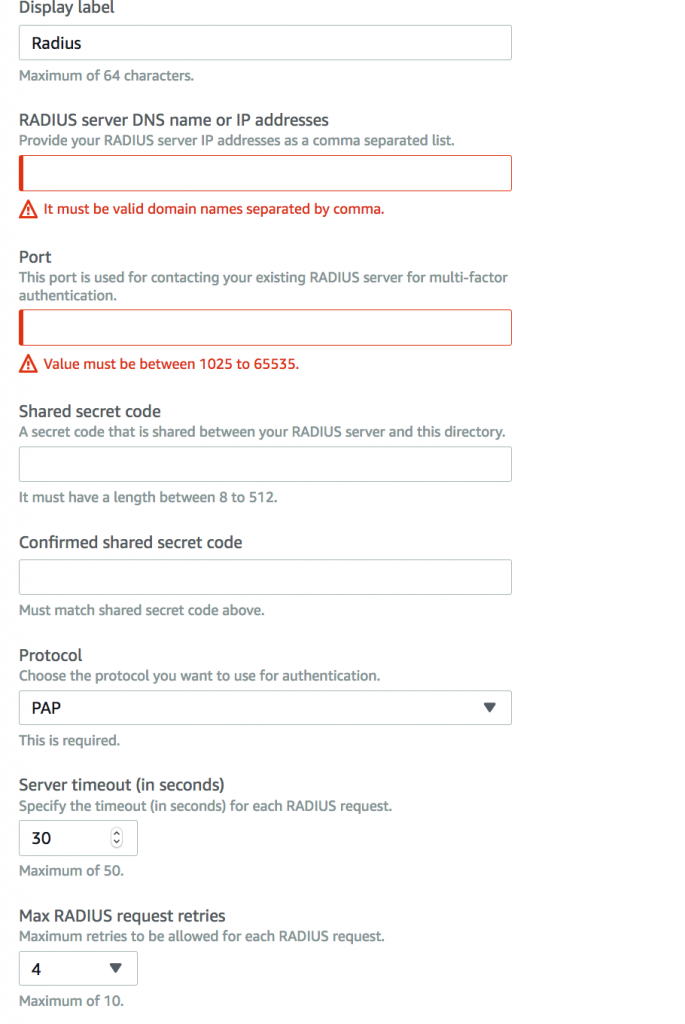 Form in aws directory service console with fields to enter RADIUS server DNS name or IP address and Port along with other things
