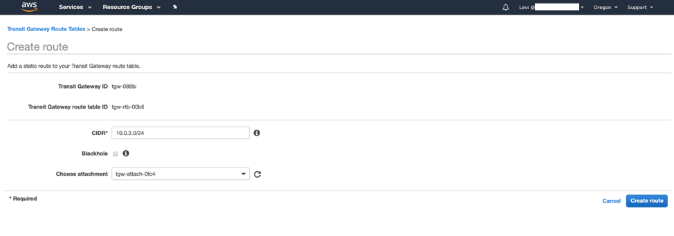 Transit Gateway added route to destination