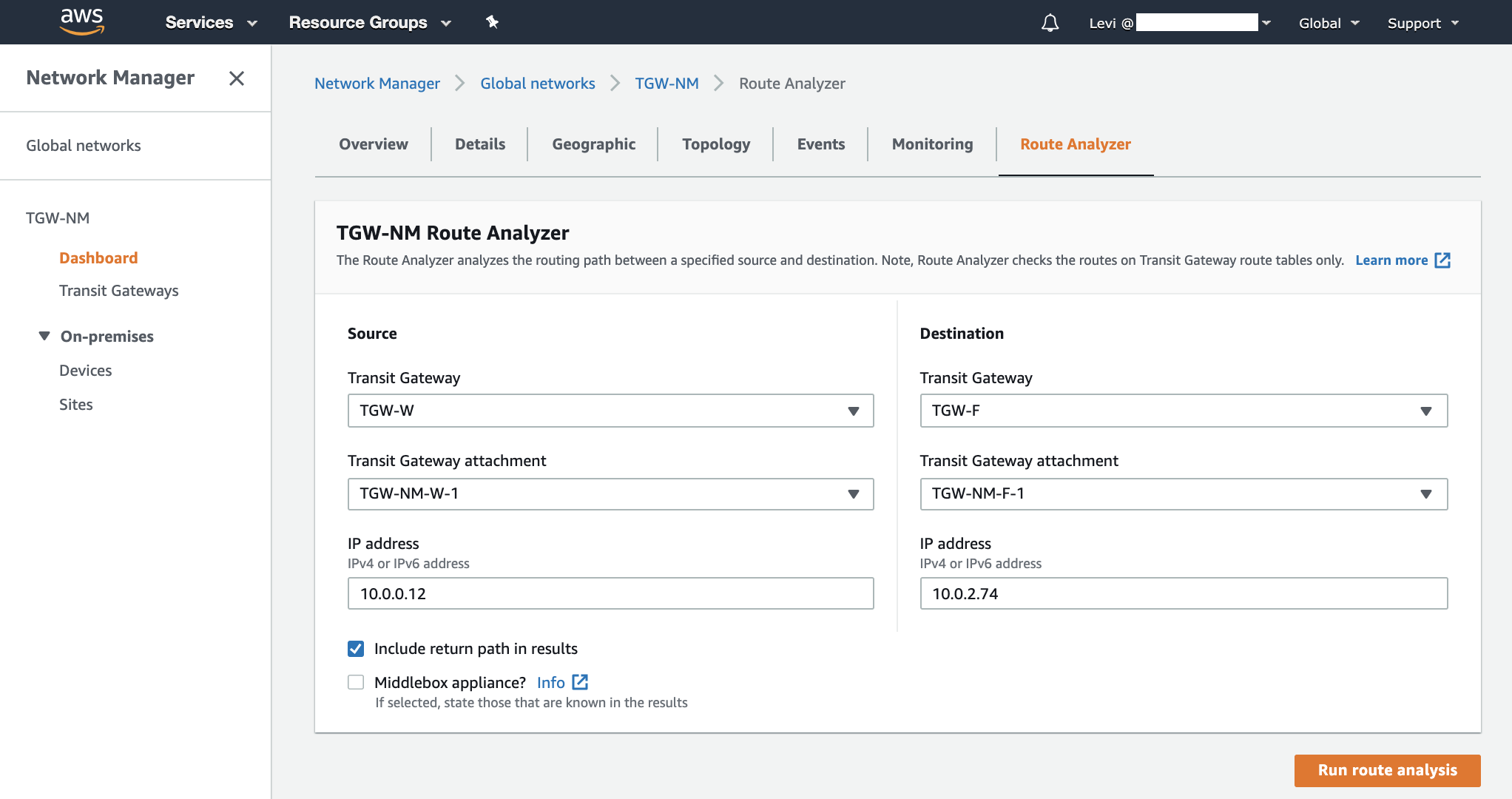 Filled in route analyzer console view