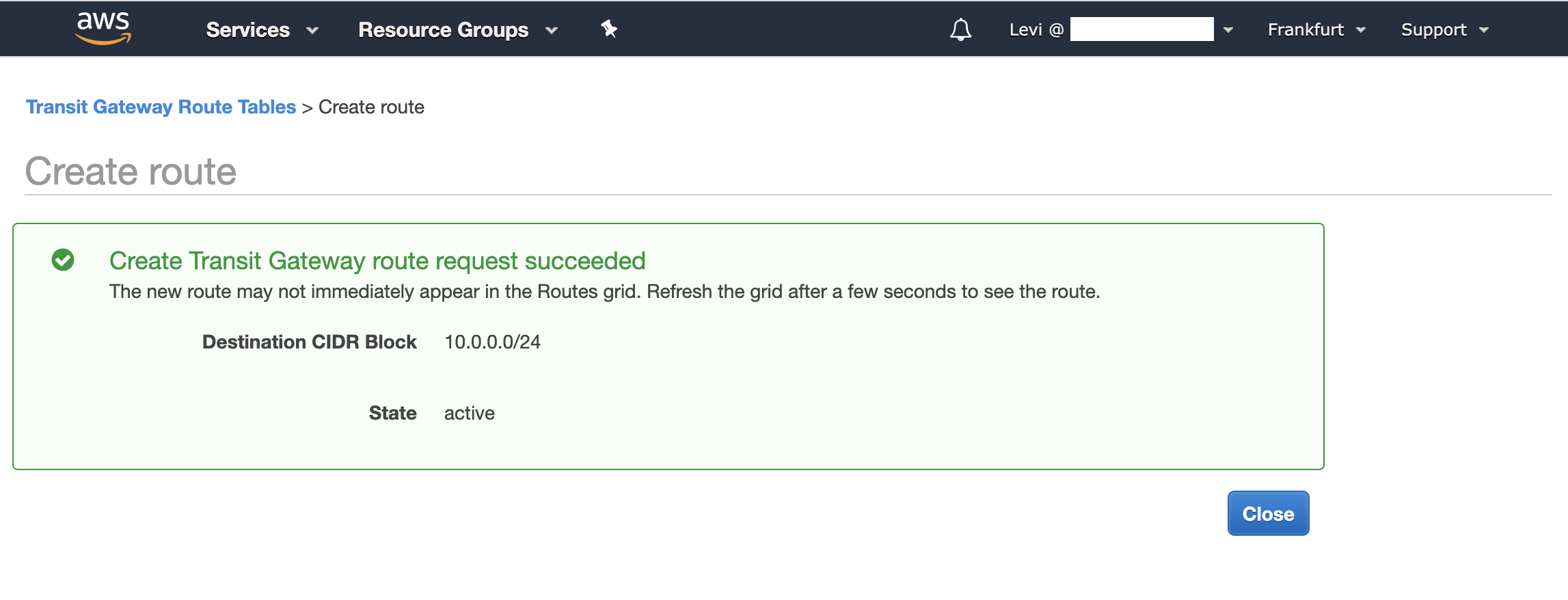 Successfully added AWS Transit Gateway return route