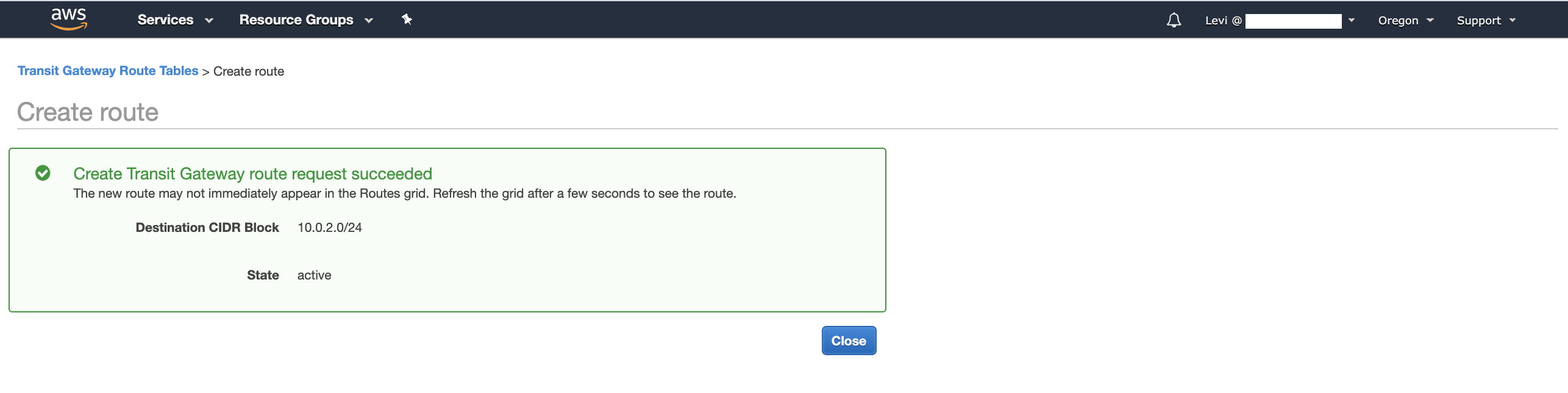 Successfully added AWS Transit Gateway Route
