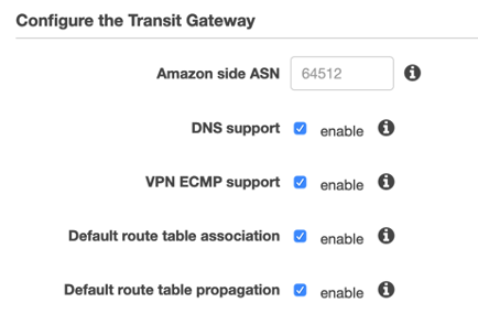 Configuration settings for transit gateway
