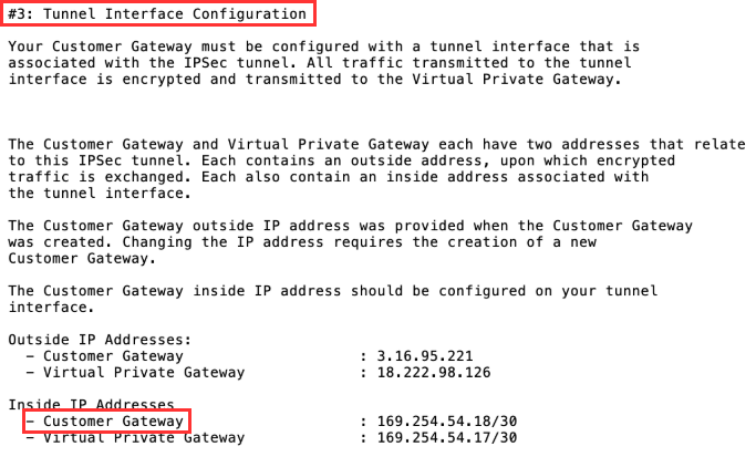 Site-to-site VPN connection configuration file example highlighting customer gateway inside IP address setting