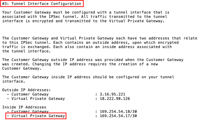 Site-to-site VPN connection configuration file example highlighting virtual private gateway inside IP address setting