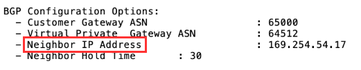 Site-to-site VPN connection configuration file example highlighting neighbor IP address setting