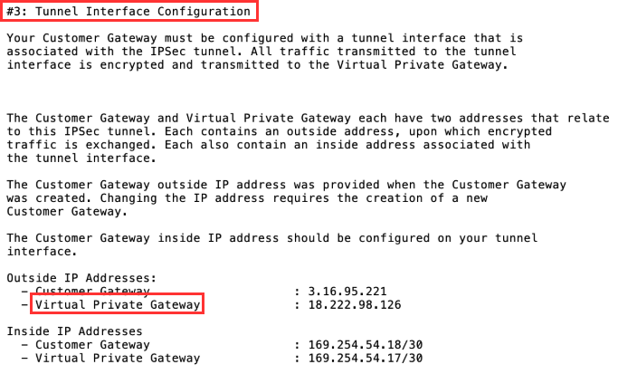 Site-to-site VPN connection configuration file example highlighting virtual private gateway outside IP address setting