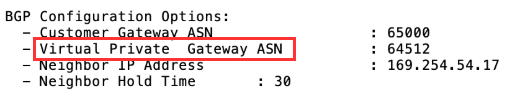 Site-to-site VPN connection configuration file example highlighting virtual private gateway ASN setting