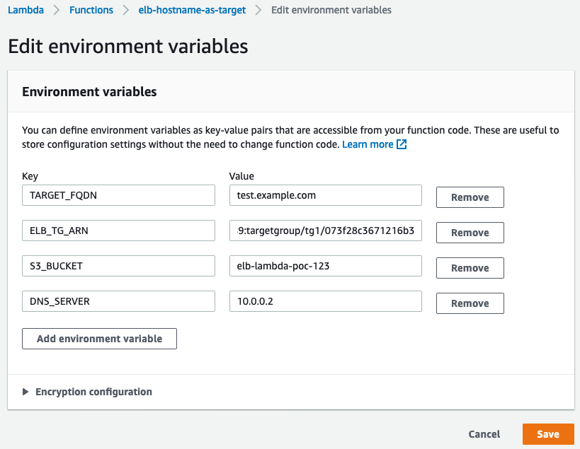 AWS Lambda environment variable edit console